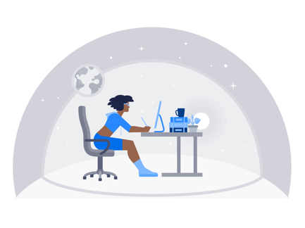 Concentrated Graphic Designer Working on Computer in Space