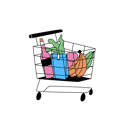 Cartoon Shopping Cart Full of Food Items Illustration