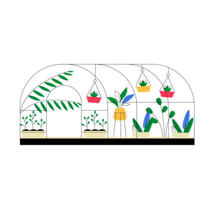 Animated Greenhouse with Various Plants and Seedlings