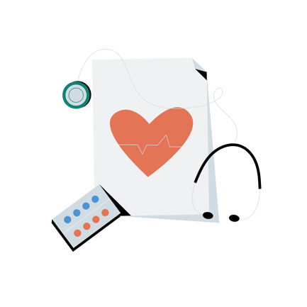 Heart Health Illustration with Stethoscope and Pills
