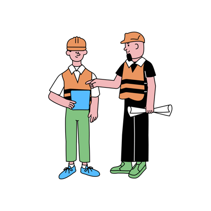 Cartoon Construction Team Discussing Plans