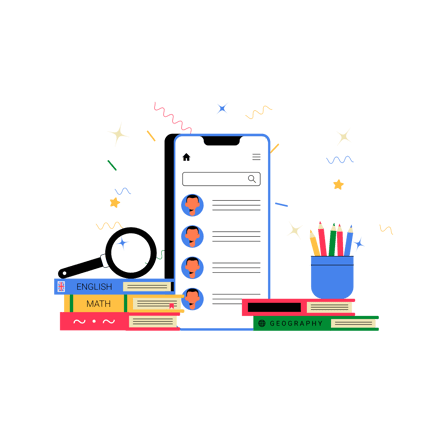 Aplicación de aprendizaje en línea con libros y papelería