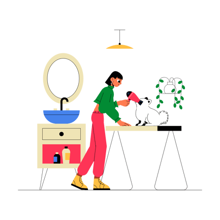 Woman Grooming a Dog with Hair Dryer Illustration