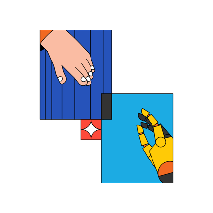 Human and Robot Hands Touching Digital Screen