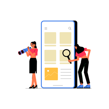 Ilustración del sistema de búsqueda con personas y teléfono móvil