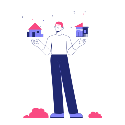 Man Choosing Between Two Houses Duotone Style Illustration