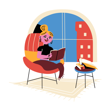 Frau liest zu Hause ein Buch am Fenster