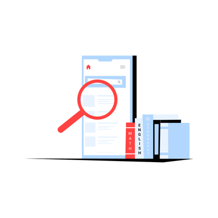 Aplicación de aprendizaje con ilustración de libros y lupa