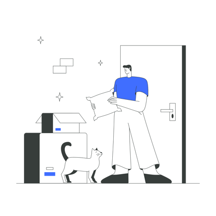 Man Unboxing Package with Cat Illustration