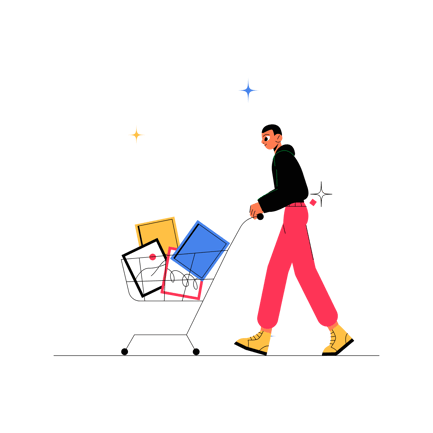 Man Pushing Shopping Cart Full of Nfts Illustration