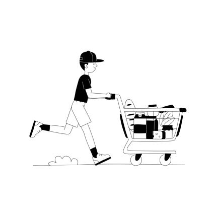 Line Art Illustration of a Man Running with a Grocery Cart
