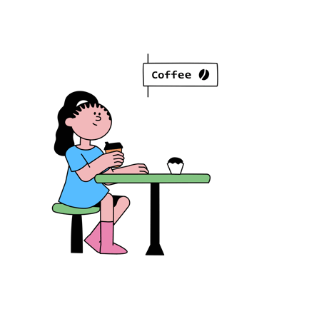 Cartoon Woman Drinking Coffee at Table