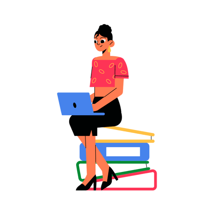 Woman Working on Laptop Sitting on Books