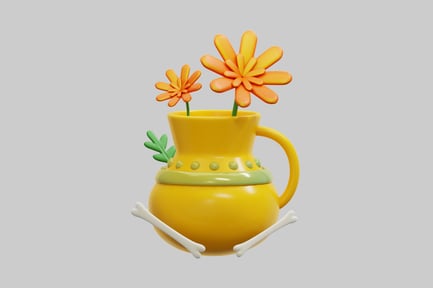 Preview: 3D Yellow Ceramic Pot With Marigold Flowers And Bones