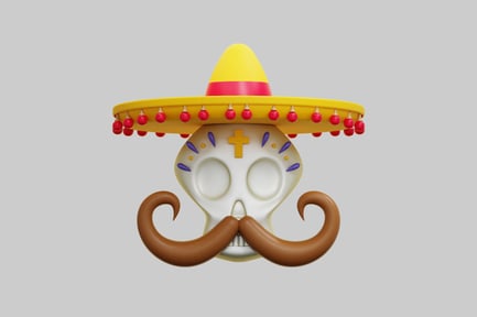 Preview: 3D Mexican Sugar Skull With Sombrero And Mustache