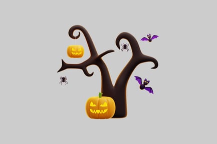 Preview: 3D Halloween Tree With Pumpkins And Bats