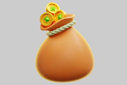 Visualização: Bolsa de dinheiro 3D com moedas de ouro