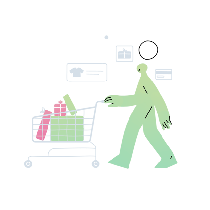 Online Shopper Pushing Cart with Gifts