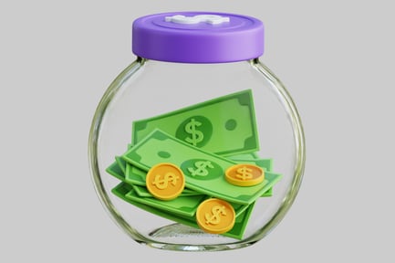Preview: Glass Savings Jar With Cash And Coins