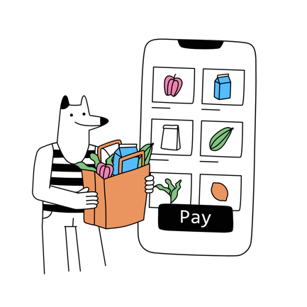Cartoon Dog Shopping for Groceries on Mobile App