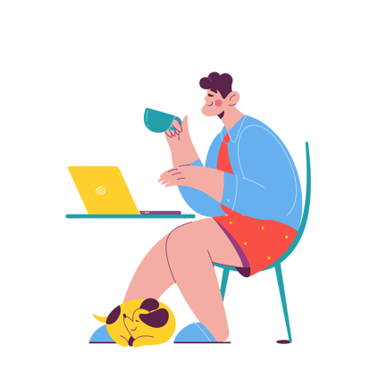 Man Working Remotely With Coffee and Dog