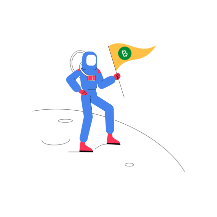 Astronaut Holding Flag with Bitcoin Symbol in Space