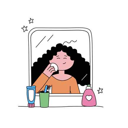 Cartoon Woman Performing Skincare Routine in Front of Mirror