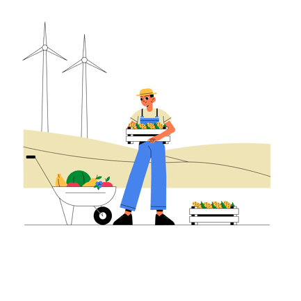 Farmer Harvesting Fresh Produce with Wind Turbines