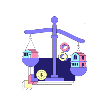 Wealth Inequality Illustration with Scales and Houses