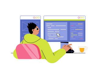 Man Programmer Writing Code and Make Web Design on a Pc