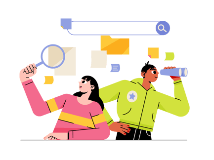 Niña y niño en busca de los archivos correctos