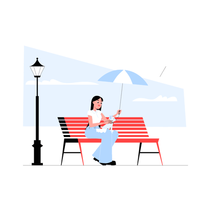 Woman Sitting on Park Bench with Umbrella