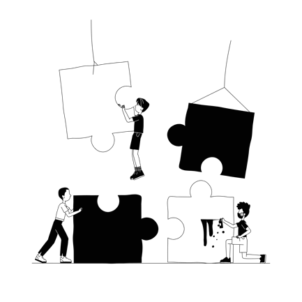 Teamwork Puzzle Illustration in Line Art Style