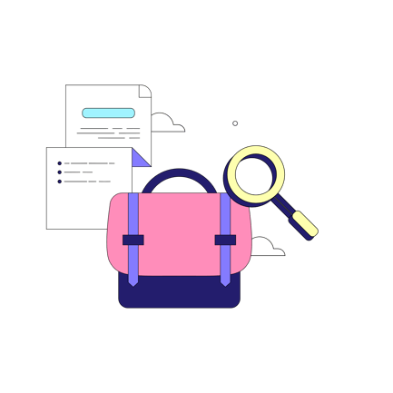 Ilustración de búsqueda de empleo con maletín y lupa