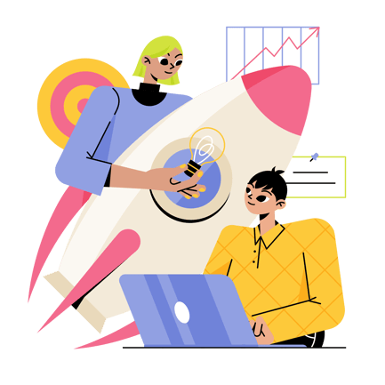 Girl and Guy Preparing Start-up Rocket to Launch With Ideas