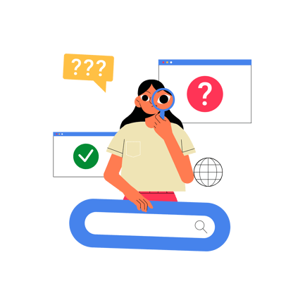 Mujer que busca en línea con ilustración de lupa