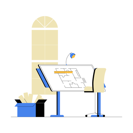 Architect Desk with Blueprint Illustration