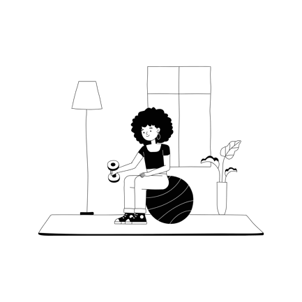 Mulher fazendo exercícios em casa com halteres e bola de exercícios