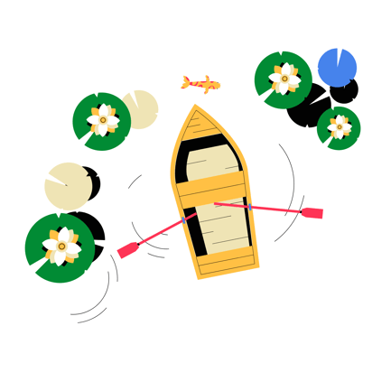 Animated Rowboat and Fish on Water with Lily Pads