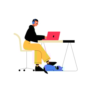Person Working at Desk with Dog Illustration