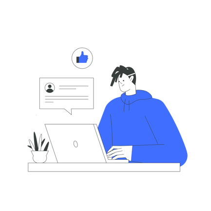 Man Typing on Laptop with Social Media Like