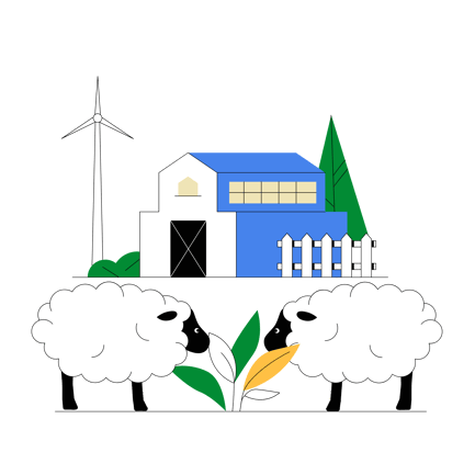 Sheep Herd with Farm Building and Wind Turbine