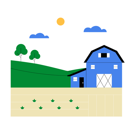 Animated Farmyard Scene with Barn and Fields