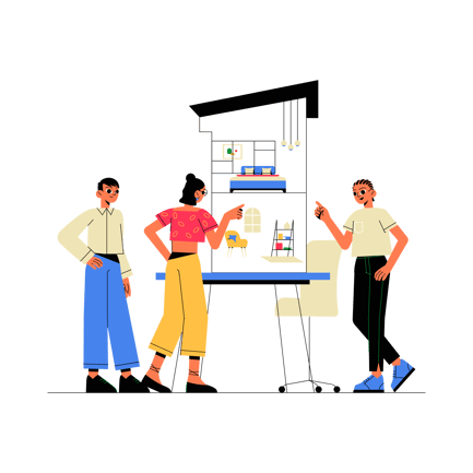 Interior Design Team Discussing Blueprint Illustration