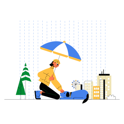 Frau mit Hund im Regen im Stadtpark, Illustration