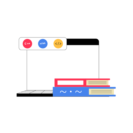 Illustration der Webprogrammierung mit Büchern und Code