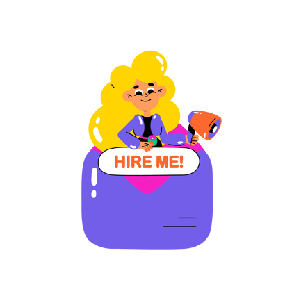 Cartoon Woman with Megaphone in Envelope Asking to Hire