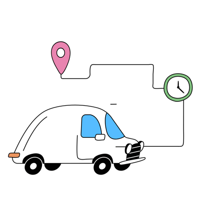 Cartoon Delivery Car with Location and Time Indicators
