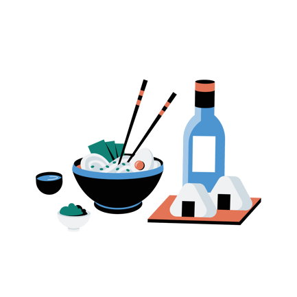 Asian Cuisine Illustration with Ramen and Rice Balls