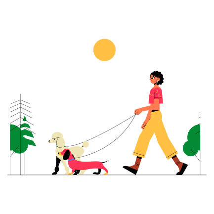 Abbildung einer Frau, die mit Hunden im Park spazieren geht